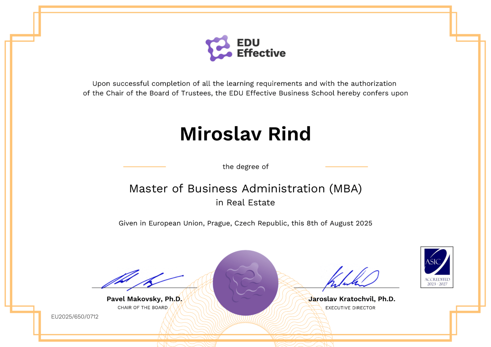Diplom z mezinárodního studia MBA v oblastni Real estate