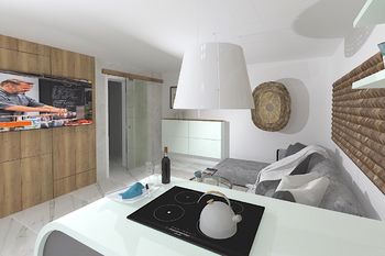 Obývací pokoj s kuchyňským koutem a vstupem na zahrádku - Prodej bytu 2+kk v osobním vlastnictví 65 m², Brno