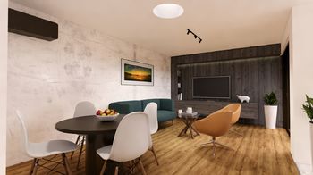 Obývací pokoj s kuchyňským koutem - Prodej bytu 4+kk v osobním vlastnictví 118 m², Brno