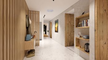 Chodba - pohled k obývacímu pokoji - Prodej bytu 4+kk v osobním vlastnictví 118 m², Brno