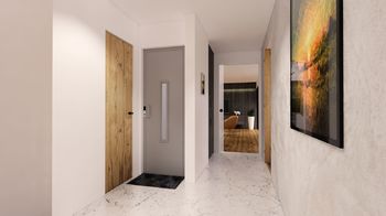 Chodba - pohled k obývacímu pokoji - Prodej bytu 4+kk v osobním vlastnictví 118 m², Brno