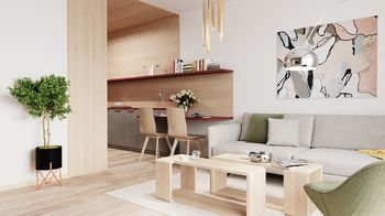 Obývací pokoj s kuchyňským koutem - Prodej bytu 2+kk v osobním vlastnictví 50 m², České Budějovice