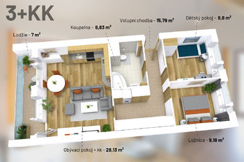 3D půdorys plochy - Prodej bytu 3+kk v osobním vlastnictví 68 m², Kralupy nad Vltavou