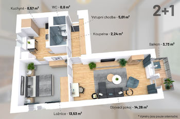 3D půdorys - Prodej bytu 2+1 v osobním vlastnictví 51 m², Praha 3 - Žižkov