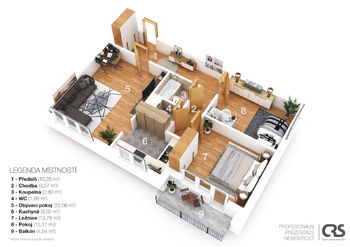 3D půdorys možné úpravy bytové jednotky - Prodej bytu 3+1 v osobním vlastnictví 73 m², Ostrava