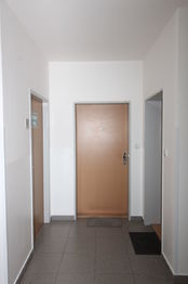 chodba domu - pohled na vstupní dveře bytu - Pronájem bytu 1+kk v osobním vlastnictví 35 m², Praha 10 - Hostivař