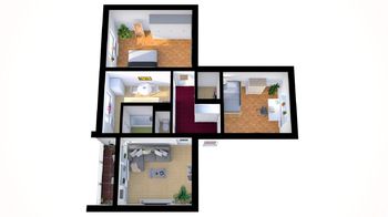 Ilustrační půdorys bytu s nábytkem - Prodej bytu 3+1 v osobním vlastnictví 62 m², Liberec
