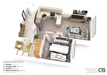 3D plán bytu s návrhem zařízení - Prodej bytu 2+kk v osobním vlastnictví 46 m², Praha 9 - Kyje