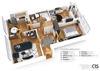 3D půdorys bytu - Prodej bytu 3+1 v družstevním vlastnictví 63 m², Ostrava