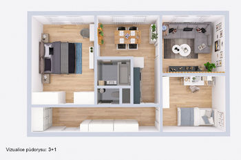 Vizualizace půdorysu 3+1. - Prodej bytu 2+1 v družstevním vlastnictví 59 m², Nová Včelnice