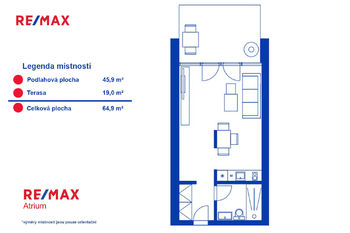 Plánek bytu - Prodej bytu 1+kk v osobním vlastnictví 46 m², Praha
