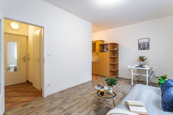 Průhled bytem z obývacího pokoje - Prodej bytu 1+kk v osobním vlastnictví 24 m², Praha 4 - Krč