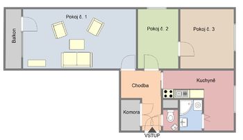 Půdorys bytu k pronájmu - Pronájem bytu 3+1 v osobním vlastnictví 61 m², Strakonice