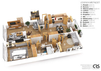 3D půdorys bytové jednotky - Prodej bytu 4+kk v osobním vlastnictví 103 m², Ostrava
