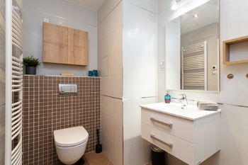 Koupelna s toaletou - Prodej bytu 2+kk v osobním vlastnictví 63 m², Praha 8 - Libeň