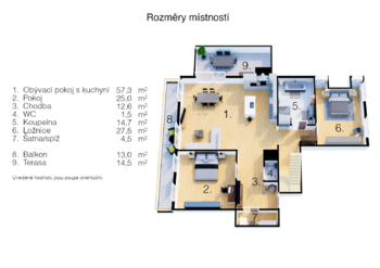 půdorys s rozměry pokojů - Prodej bytu 3+kk v osobním vlastnictví 250 m², Olomouc