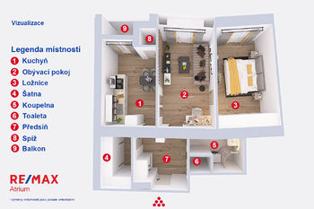 Plánek bytu - vizualizace - Prodej bytu 3+kk v osobním vlastnictví 74 m², Praha 10 - Vršovice