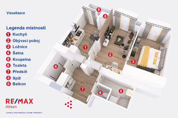 Plánek bytu - vizualizace - Prodej bytu 3+kk v osobním vlastnictví 74 m², Praha 10 - Vršovice