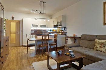 Obývací pokoj 24 m2 s kuchyňským koutem a vstupem na terasu a zahrádku 43 m2 - Prodej bytu 2+kk v osobním vlastnictví 61 m², Moravany