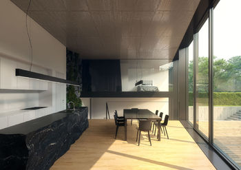 Vizualizace novostavby rodinného domu - interiér jídelny - Prodej pozemku 2519 m², Praha 5 - Třebonice