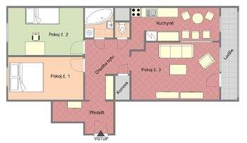 Orientační půdorys bytu - Prodej bytu 3+1 v osobním vlastnictví 88 m², Praha 6 - Řepy