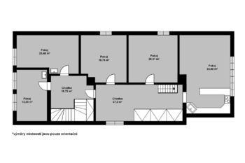 Orientační půdorys patra s výměrami jednotlivých místností - Prodej domu 306 m², Harrachov