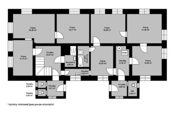 Orientační půdorys přízemí s výměrami jednotlivých místností - Prodej domu 306 m², Harrachov