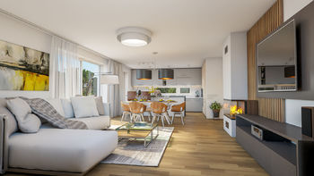 Vizualizace obývacího pokoje, jídelny a kuchyňského koutu.  - Prodej domu 211 m², Horoměřice