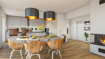 Vizualizace obývacího pokoje, jídelny a kuchyňského koutu.  - Prodej domu 211 m², Horoměřice