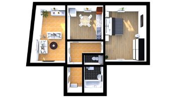 Půdorys bytu - pohled 3D - ilustrační vybavení bytu - Prodej bytu 2+1 v osobním vlastnictví 66 m², Liběšice