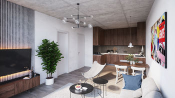 obývací pokoj s kuchyňským koutem - vizualizace - Prodej bytu 3+kk v osobním vlastnictví 73 m², Kladno