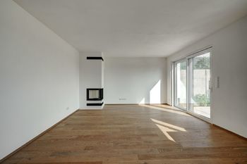  Obývací pokoj s kuchyňskou linkou, krbem a vstupem na terasu - Prodej domu 132 m², Dolní Věstonice