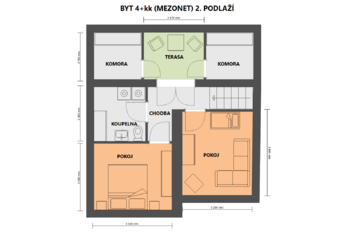půdorys 2D 2. podlaží bytu - Prodej bytu 4+kk v osobním vlastnictví 114 m², Milovice