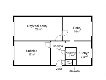 půdorys - Prodej bytu 3+1 v družstevním vlastnictví 74 m², Praha 10 - Malešice