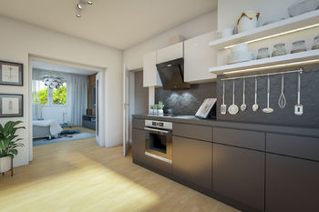 Vizualizace kuchyně se vstupem do obývacího pokoje - Prodej bytu 3+1 v družstevním vlastnictví 86 m², Psáry
