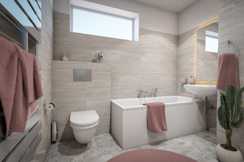 Vizualizace koupelny  - Prodej bytu 3+1 v družstevním vlastnictví 86 m², Psáry