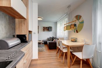 pohled z kuchyně do obývacího pokoje - Prodej bytu 3+kk v osobním vlastnictví 80 m², Brno