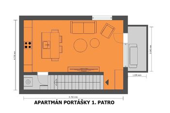 Půdorys 1. patro - Prodej bytu 2+kk v osobním vlastnictví 64 m², Pec pod Sněžkou