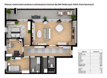 Půdorys a plochy - Prodej bytu 4+kk v osobním vlastnictví 114 m², Praha 9 - Vysočany