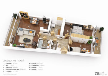 3D plán - Prodej bytu 3+kk v osobním vlastnictví 91 m², Praha 8 - Karlín