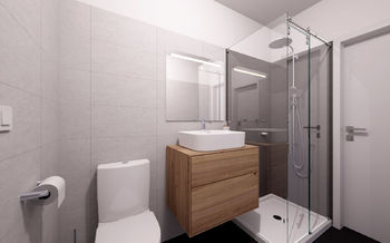 Vizualizace koupelny - Prodej bytu 3+1 v osobním vlastnictví 73 m², Jihlava