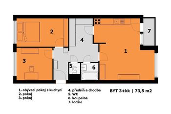 půdorys 2D - Prodej bytu 3+kk v družstevním vlastnictví 74 m², Praha 4 - Chodov