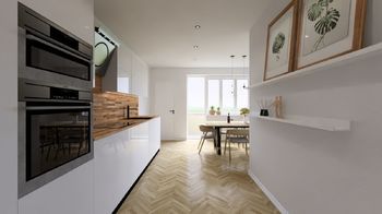 návrh kuchyně s jídelním koutem - Prodej bytu 3+1 v osobním vlastnictví 88 m², Brno