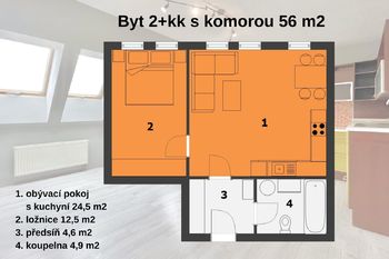 půdorys 2D - Prodej bytu 2+kk v osobním vlastnictví 56 m², Holubice