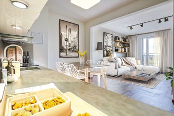 Obývací pokoj s kuchyňským koutem (vizualizace) - Prodej bytu 2+kk v osobním vlastnictví 49 m², Praha 9 - Černý Most