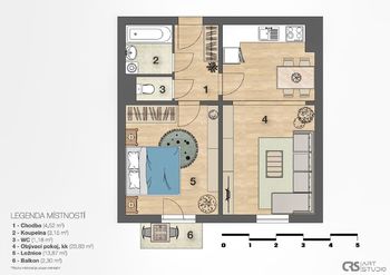2D plán - Prodej bytu 2+kk v osobním vlastnictví 49 m², Praha 9 - Černý Most