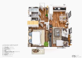 3D plán - Prodej bytu 2+kk v osobním vlastnictví 49 m², Praha 9 - Černý Most
