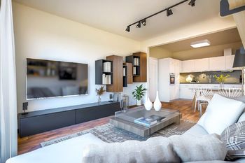 Obývací pokoj s kuchyňským koutem (vizualizace) - Prodej bytu 2+kk v osobním vlastnictví 49 m², Praha 9 - Černý Most