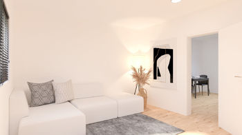 vizualizace budoucího stavu - obývací pokoj - Prodej bytu 3+kk v osobním vlastnictví 61 m², Praha 9 - Letňany
