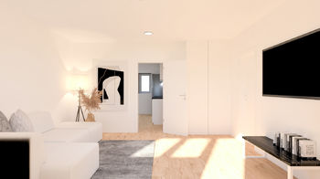 vizualizace budoucího stavu - obývací pokoj - Prodej bytu 3+kk v osobním vlastnictví 61 m², Praha 9 - Letňany